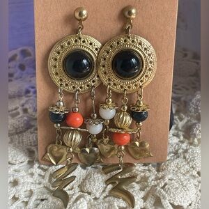 Gold Bohemian Drop Earrings with Black, Coral and White Beads